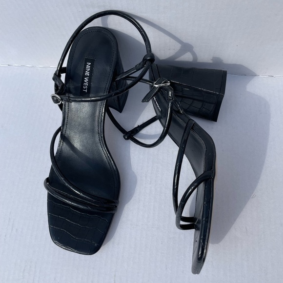 Nine West Shoes - Nine West Gellar Black Croc-Embossed Block Heel Sandals | Size 9